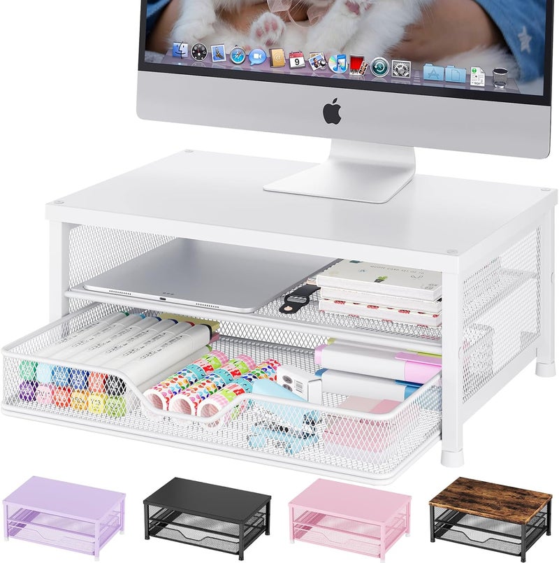 OPNICE Computer Monitor Stand Riser, Desk Organizer with Drawer, Laptop Stand, Office Desk Accessories & Workspace Desktop Organizers Storage for Office Supplies(White) - Image 1